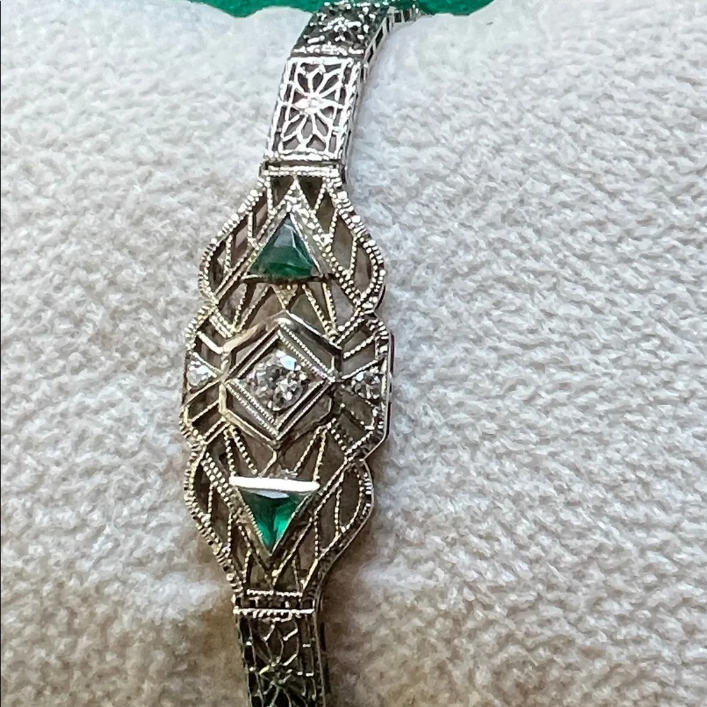 Vintage 14k white gold with diamond and emeralds - Picture 1 of 5